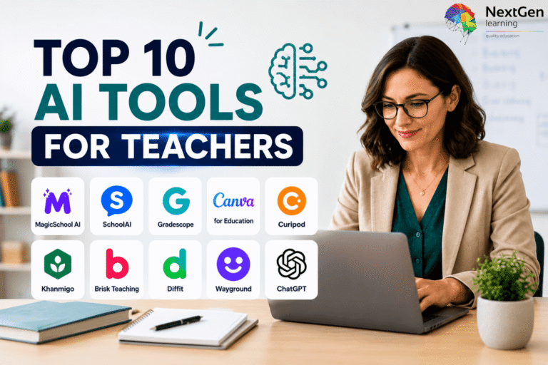 Infographic listing the top 10 AI tools for teachers, including MagicSchool AI, SchoolAI, Gradescope, Canva for Education, Curipod, Khanmigo, Brisk Teaching, Diffit, Wayground, and ChatGPT.