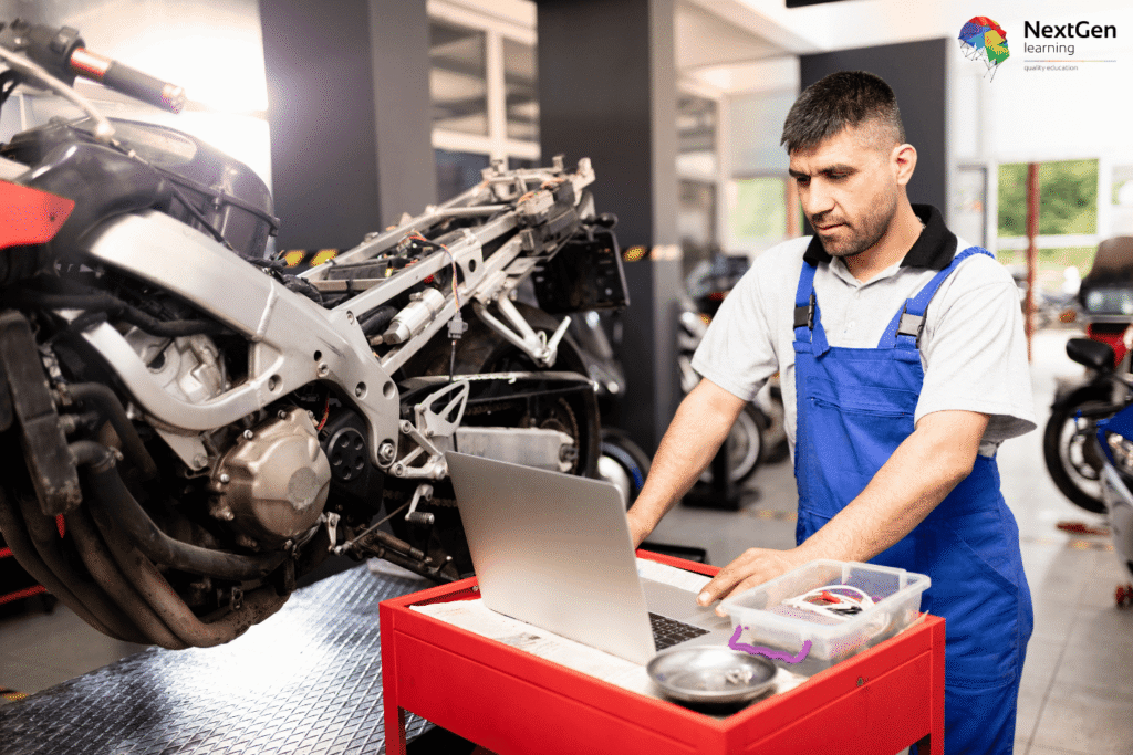 Image showing a motorcycle mechanic in a workshop, highlighting ways to increase earning potential through advanced training, specialist skills, technology expertise, customer service, and career development opportunities.