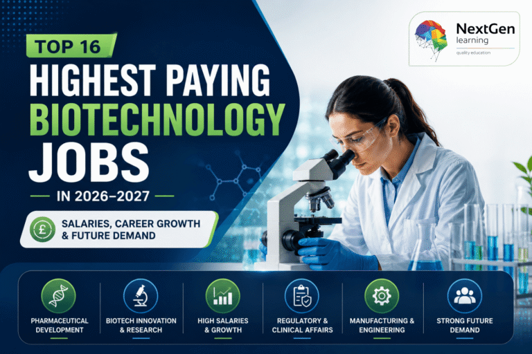 Infographic highlighting the top 16 highest paying biotechnology jobs in 2026–2027, covering pharmaceutical development, biotech innovation, regulatory affairs, manufacturing, and strong future demand.