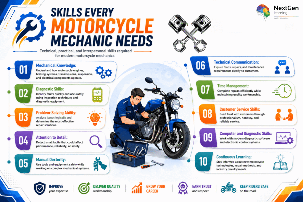 Infographic showing essential skills every motorcycle mechanic needs, including mechanical knowledge, diagnostics, problem‑solving, attention to detail, manual dexterity, communication, time management, customer service, computer diagnostics, and continuous learning.
