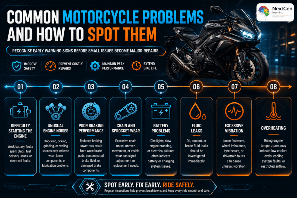Infographic showing common motorcycle problems and how to spot them, including engine starting issues, unusual noises, poor braking, chain wear, battery faults, fluid leaks, excessive vibration, and overheating.