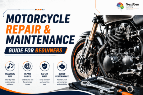Infographic showing a motorcycle repair and maintenance guide for beginners, highlighting practical tips, repair basics, safety measures, and performance improvement.