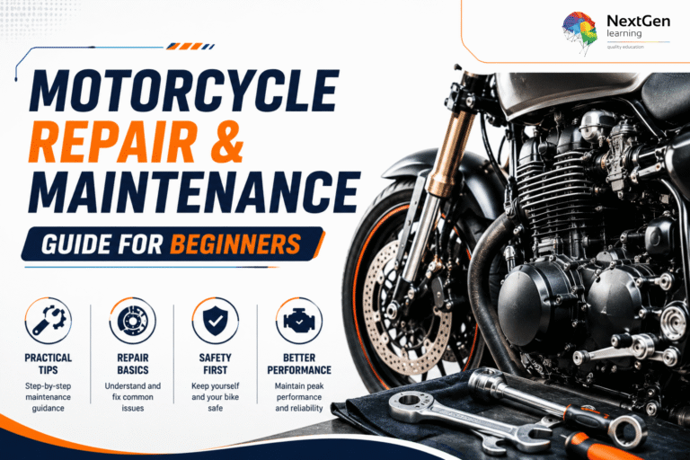 Infographic showing a motorcycle repair and maintenance guide for beginners, highlighting practical tips, repair basics, safety measures, and performance improvement.