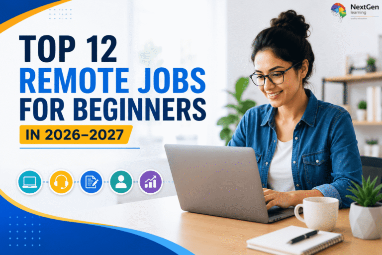 Infographic showing the top 12 remote jobs for beginners in 2026–2027, highlighting online work opportunities such as digital support, content creation, data entry, customer service, and remote project assistance.