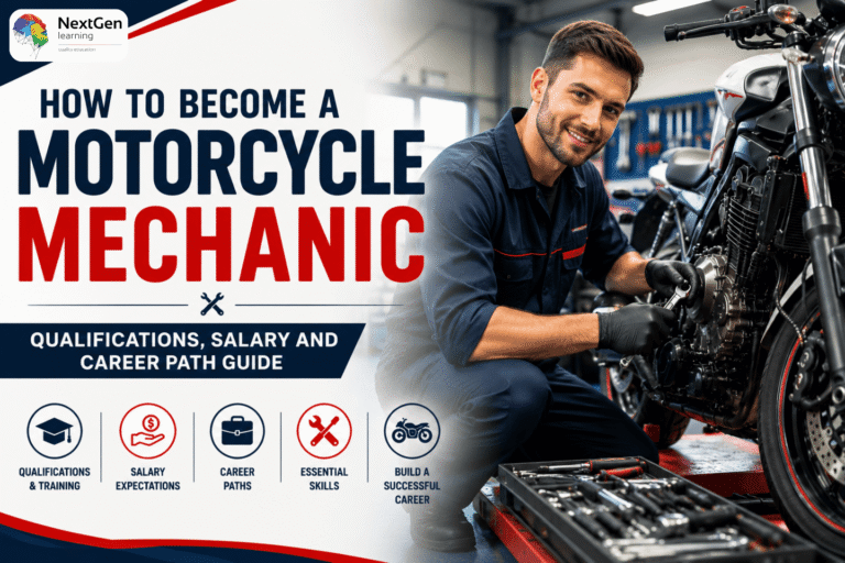 Infographic showing how to become a motorcycle mechanic, covering qualifications, salary expectations, career paths, essential skills, and steps to build a successful career.
