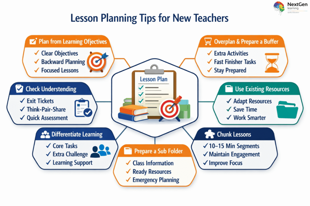 Infographic outlining seven lesson planning tips for new teachers, including clear objectives, overplanning, checking understanding, using resources, differentiating learning, preparing sub folders, and chunking lessons.