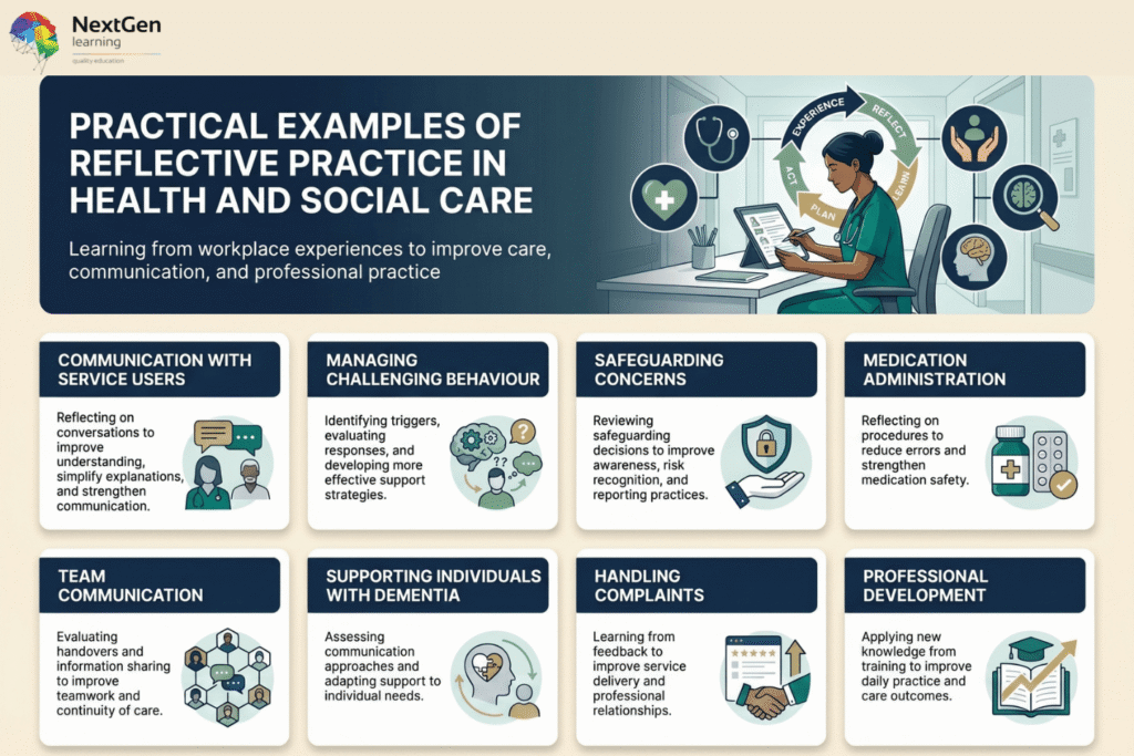 Infographic showing practical examples of reflective practice in health and social care, including communication, managing behaviour, safeguarding, medication safety, teamwork, dementia support, handling complaints, and professional development.