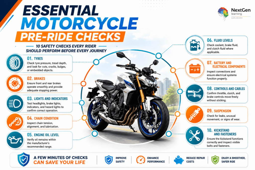 Infographic showing 10 essential motorcycle pre‑ride checks, including tyres, brakes, lights, chain, oil, fluids, battery, controls, suspension, and fasteners to ensure safety and performance.