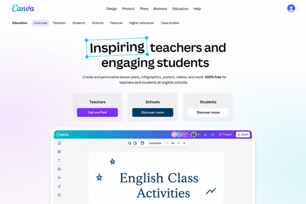 Image showing Canva for Education platform, highlighting free tools for teachers and students to create lesson plans, infographics, posters, and videos.