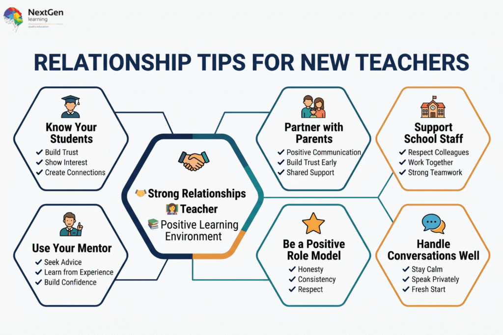 Infographic showing six relationship tips for new teachers, including knowing students, using mentors, partnering with parents, supporting staff, being a role model, and handling conversations well.