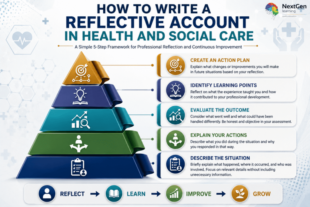 Infographic showing a 5‑step framework for writing a reflective account in health and social care, including describing the situation, explaining actions, evaluating outcomes, identifying learning points, and creating an action plan.
