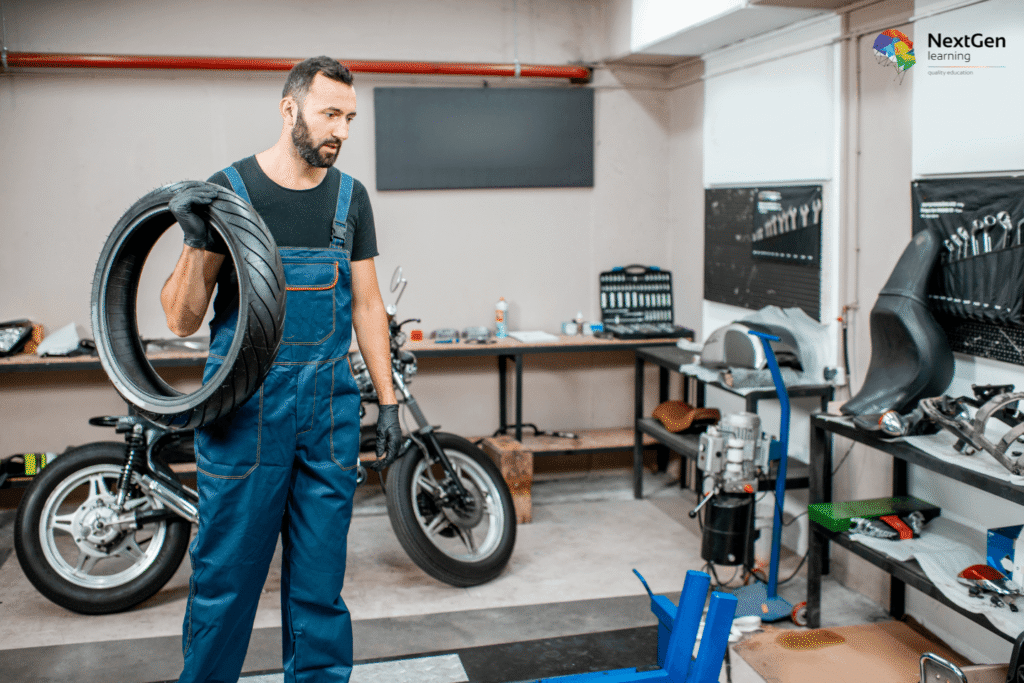 Image showing how to check and maintain motorcycle tyres, including inspecting pressure, tread depth, cracks, bulges, and ensuring proper alignment and safety before riding.