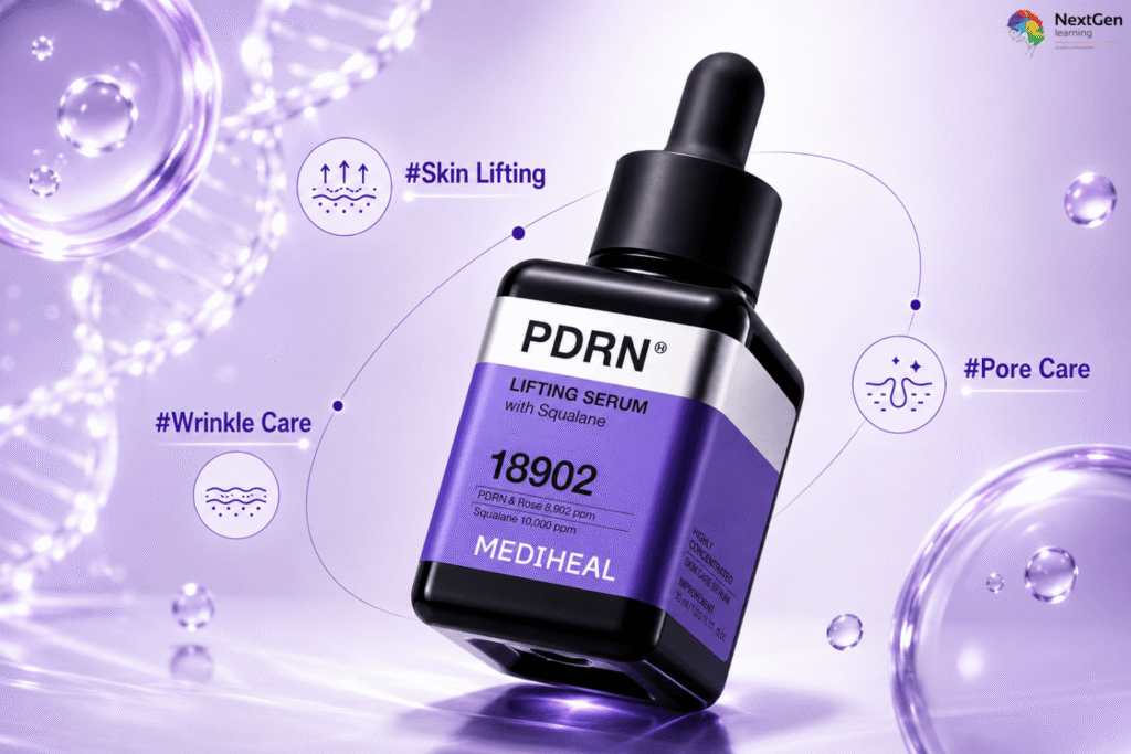 Infographic showing who should use PDRN in skincare, highlighting suitability for people seeking skin repair, hydration, anti‑aging support, improved elasticity, reduced sensitivity, and overall healthier skin.
