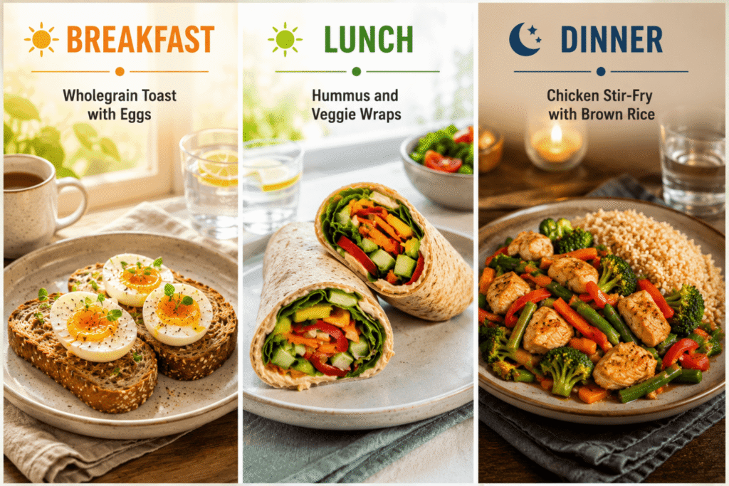 Infographic showing Wednesday’s healthy meal ideas, including wholegrain toast with eggs for breakfast, hummus and veggie wraps for lunch, and chicken stir‑fry with brown rice for dinner, highlighting balanced nutrition throughout the day.