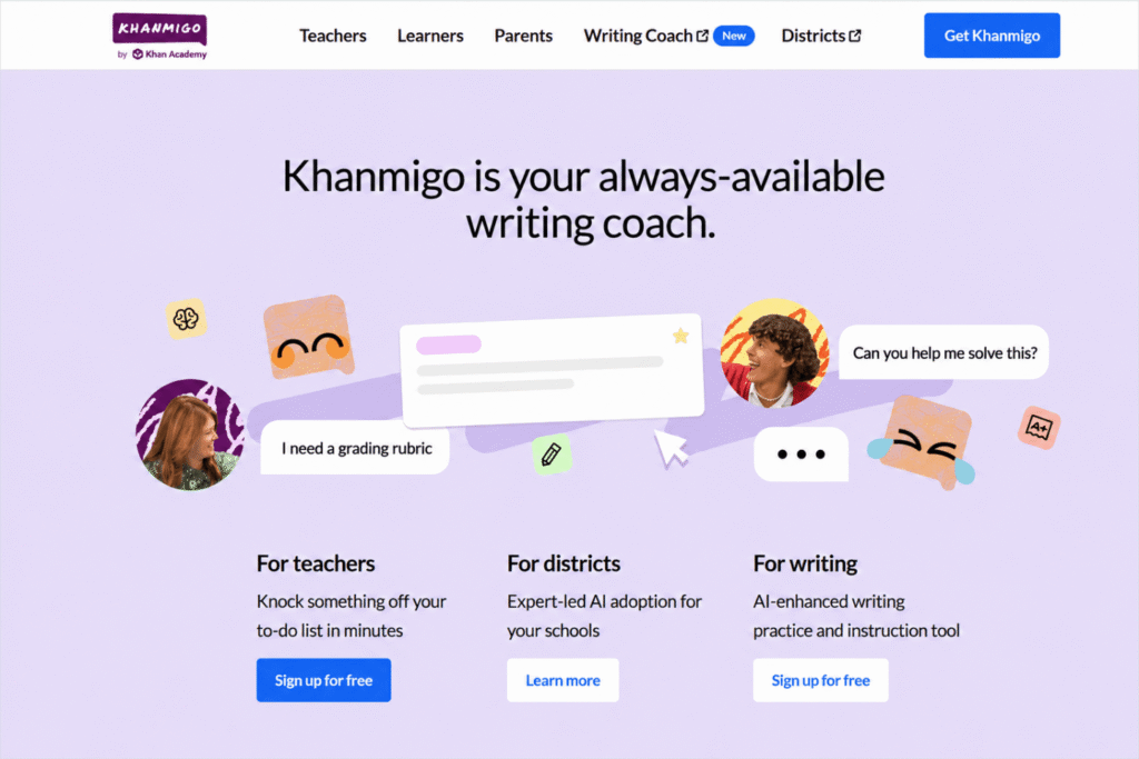 Image showing Khanmigo AI writing coach platform by Khan Academy, highlighting tools for teachers, districts, and learners to support writing, grading, and AI‑enhanced practice.