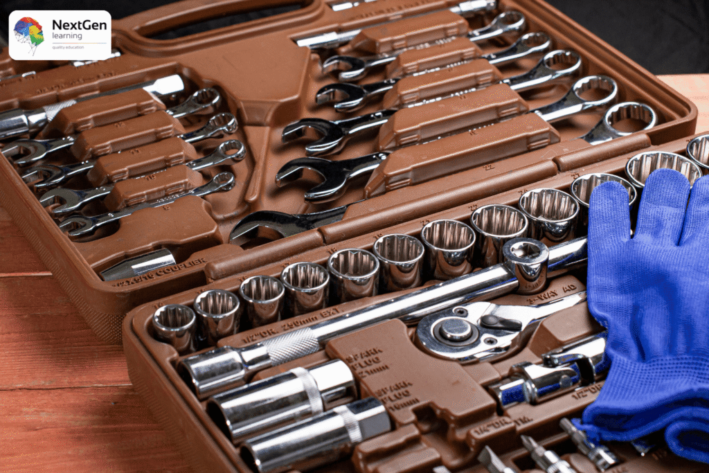 Image showing essential tools every motorcycle owner should have, including wrenches, sockets, ratchets, extension bars, and gloves, neatly organized in a toolkit for safe and effective maintenance.