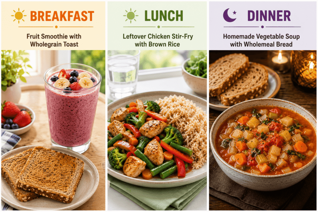 Infographic showing Thursday’s healthy meal ideas, including a fruit smoothie with wholegrain toast for breakfast, leftover chicken stir‑fry with brown rice for lunch, and homemade vegetable soup with wholemeal bread for dinner, highlighting balanced nutrition throughout the day.