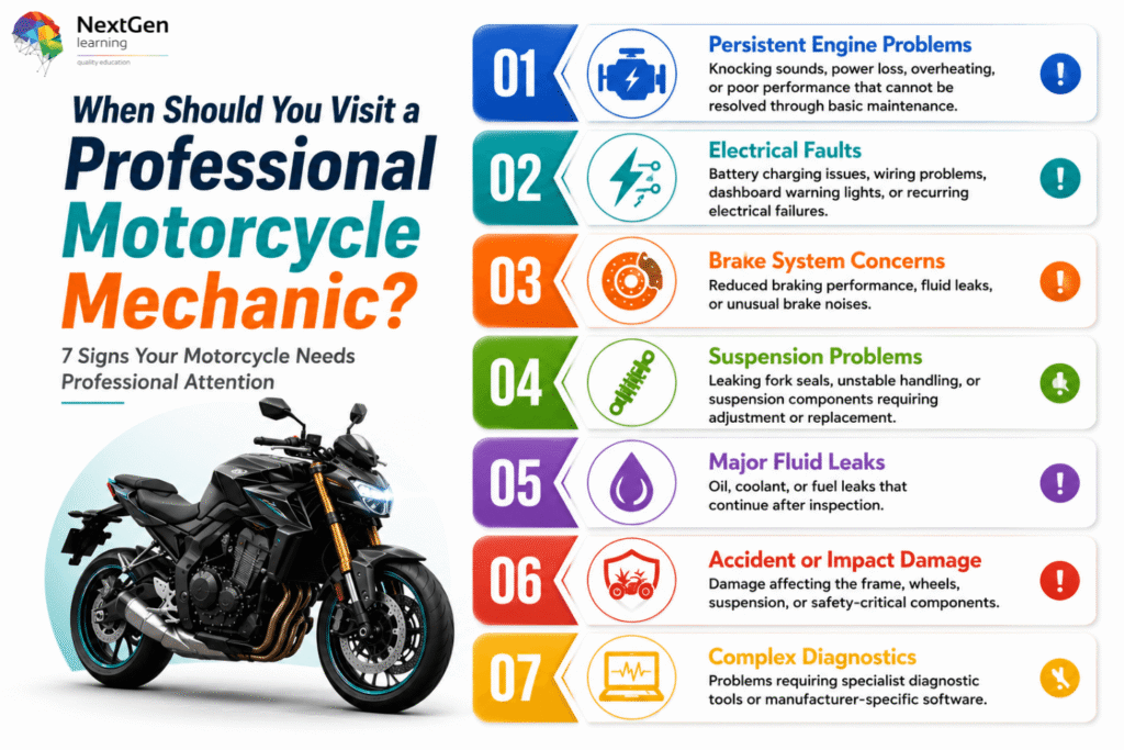 Infographic showing 7 signs your motorcycle needs professional attention, including persistent engine problems, electrical faults, brake concerns, suspension issues, major fluid leaks, accident damage, and complex diagnostics.