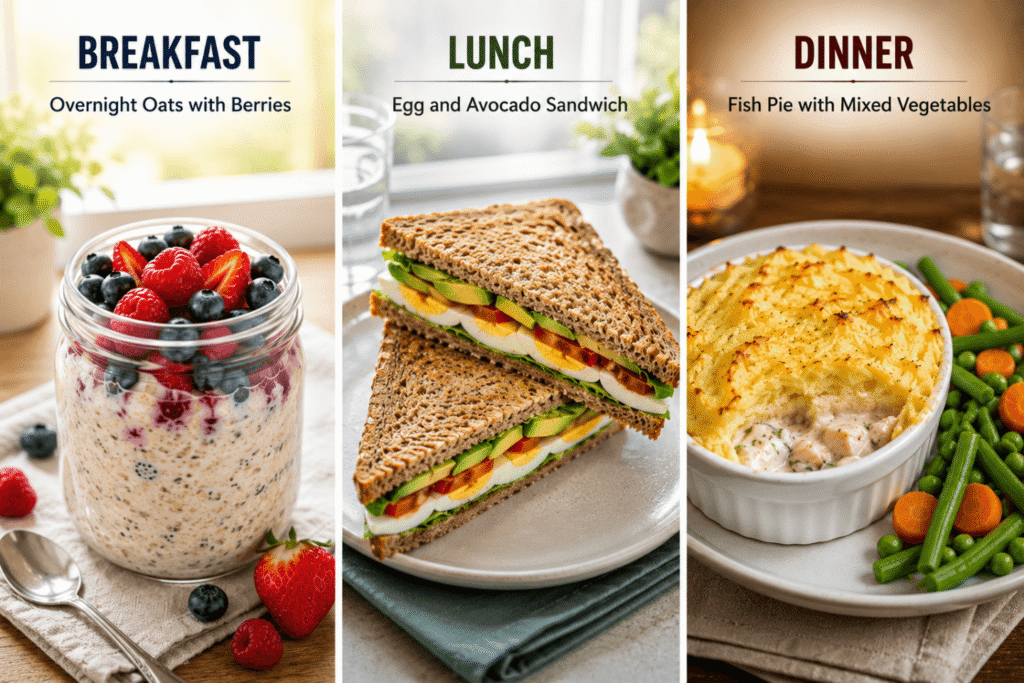 Infographic showing Friday’s healthy meal ideas, including overnight oats with berries for breakfast, an egg and avocado sandwich for lunch, and fish pie with mixed vegetables for dinner, highlighting balanced nutrition throughout the day.