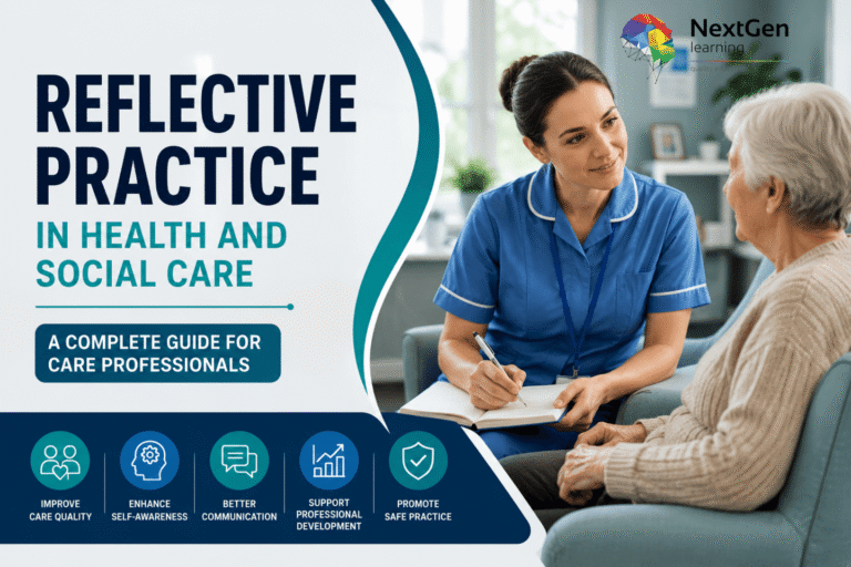 Image showing reflective practice in health and social care, highlighting professional development benefits such as improved care quality, self‑awareness, communication, and safe practice.
