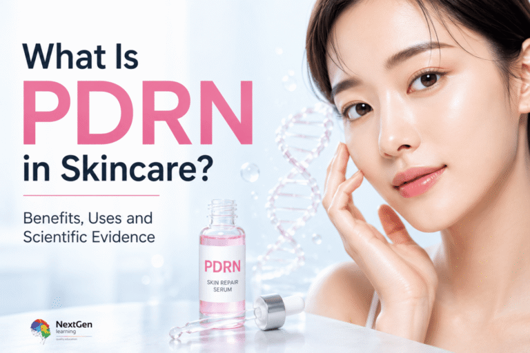 Infographic showing PDRN in skincare, highlighting its role in skin repair, rejuvenation, and hydration, with scientific evidence supporting its benefits and uses.