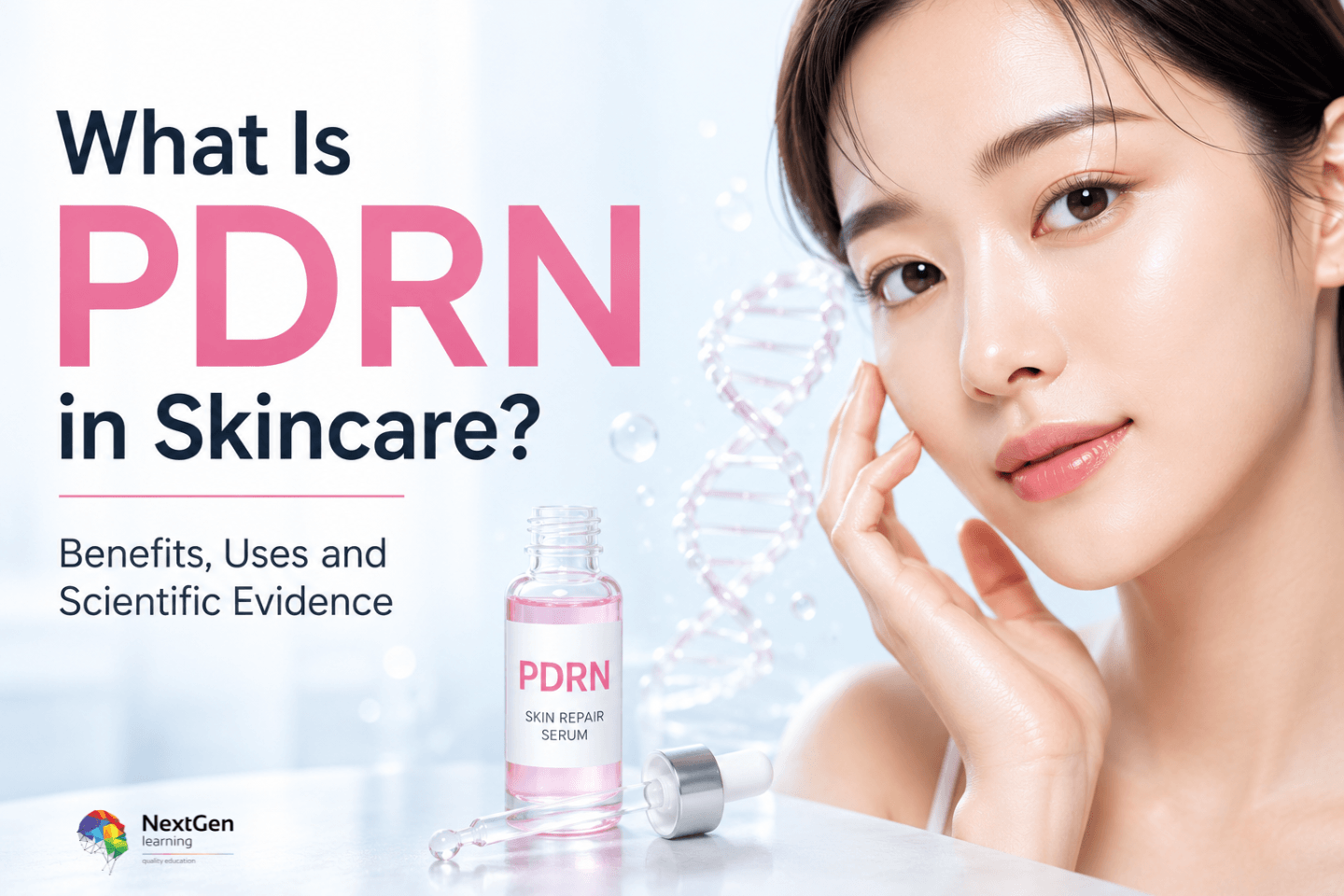 Infographic showing PDRN in skincare, highlighting its role in skin repair, rejuvenation, and hydration, with scientific evidence supporting its benefits and uses.