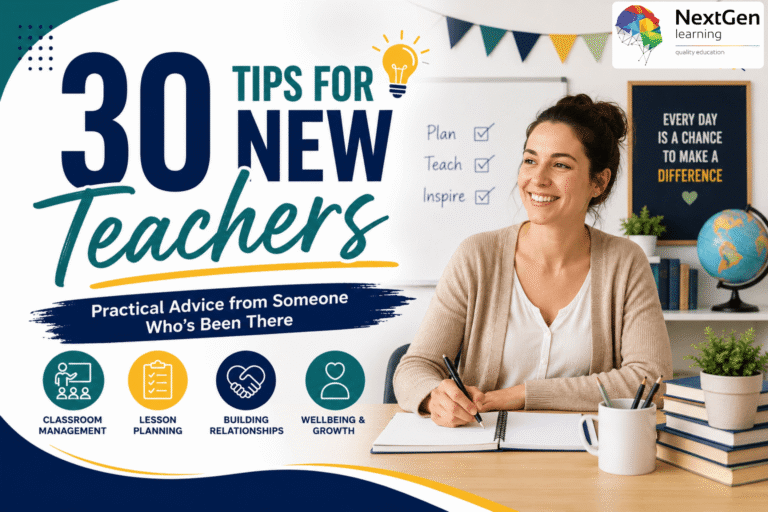 Infographic offering 30 practical tips for new teachers, highlighting classroom management, lesson planning, relationship building, and wellbeing for professional growth.