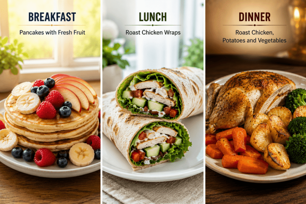 Infographic showing Sunday’s healthy meal ideas, including pancakes with fresh fruit for breakfast, roast chicken wraps for lunch, and roast chicken with potatoes and vegetables for dinner, highlighting balanced nutrition throughout the day.