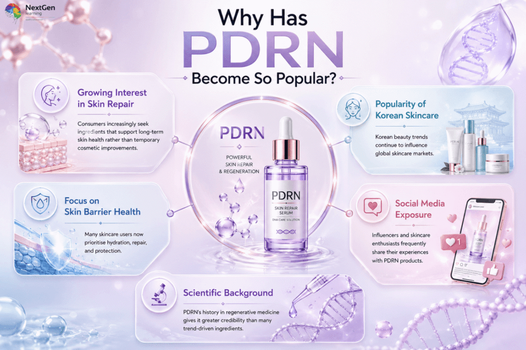 Infographic showing why PDRN has become popular in skincare, highlighting growing interest in skin repair, focus on barrier health, scientific credibility, Korean beauty influence, and social media exposure.