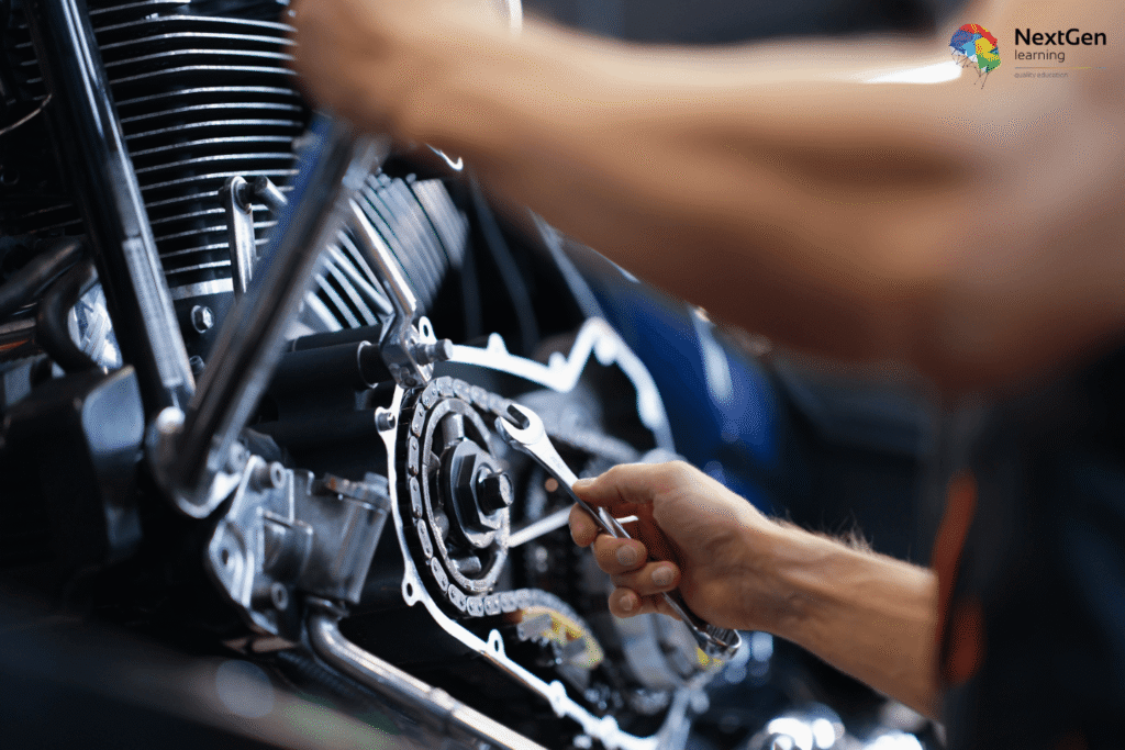 Image showing a motorcycle mechanic working on an engine, highlighting tasks such as diagnosing mechanical issues, repairing components, performing maintenance, and ensuring safe performance.