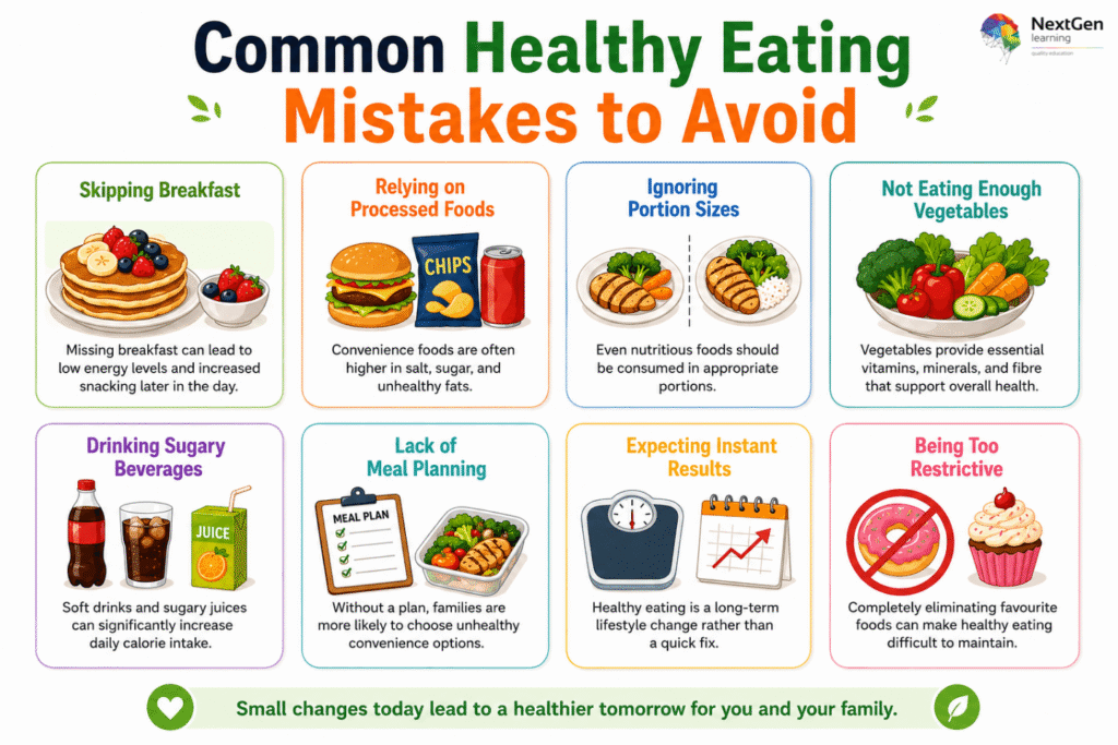 Infographic showing common healthy eating mistakes to avoid, including skipping breakfast, relying on processed foods, ignoring portion sizes, not eating enough vegetables, drinking sugary beverages, lack of meal planning, expecting instant results, and being too restrictive.