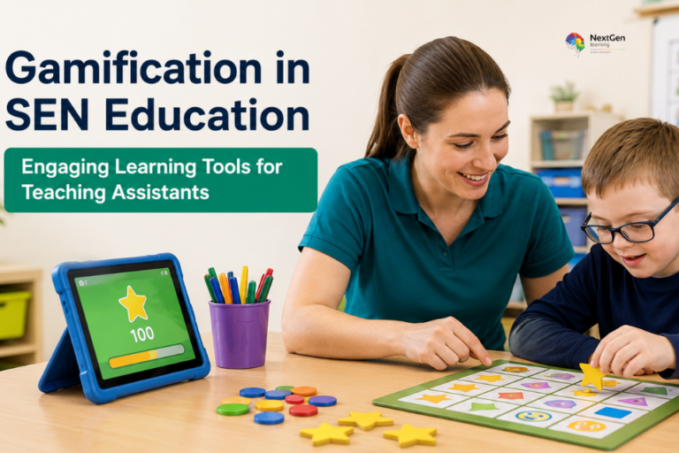 TA guiding a student using a game board and educational tablet.