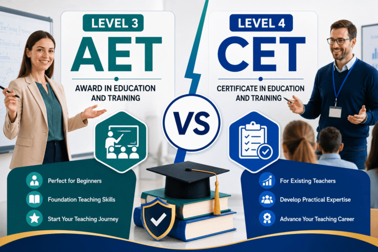 Infographic comparing Level 3 AET (Award in Education and Training) for beginners starting their teaching journey with Level 4 CET (Certificate in Education and Training) for existing teachers advancing practical expertise and career progression.