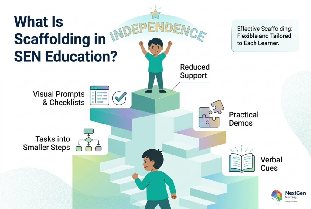 Graphic of child climbing steps to independence