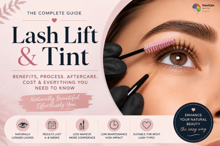 Lash lift and tint treatment showing eyelash lifting and tinting process with benefits, aftercare, cost and safety guide for naturally longer, darker lashes.