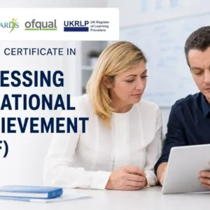 Level 3 Certificate in Assessing Vocational Achievement (RQF) showing two professionals reviewing assessment evidence on a tablet.