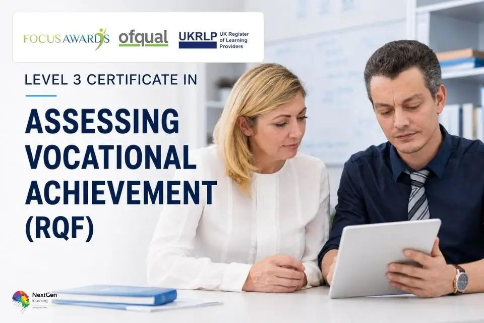 Level 3 Certificate in Assessing Vocational Achievement (RQF) showing two professionals reviewing assessment evidence on a tablet.