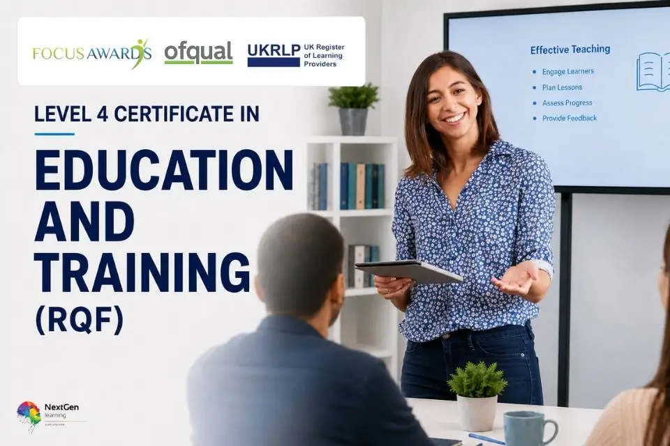 Level 4 Certificate in Education and Training (RQF) course featuring a teacher delivering a classroom lesson, offered by NextGen Learning.