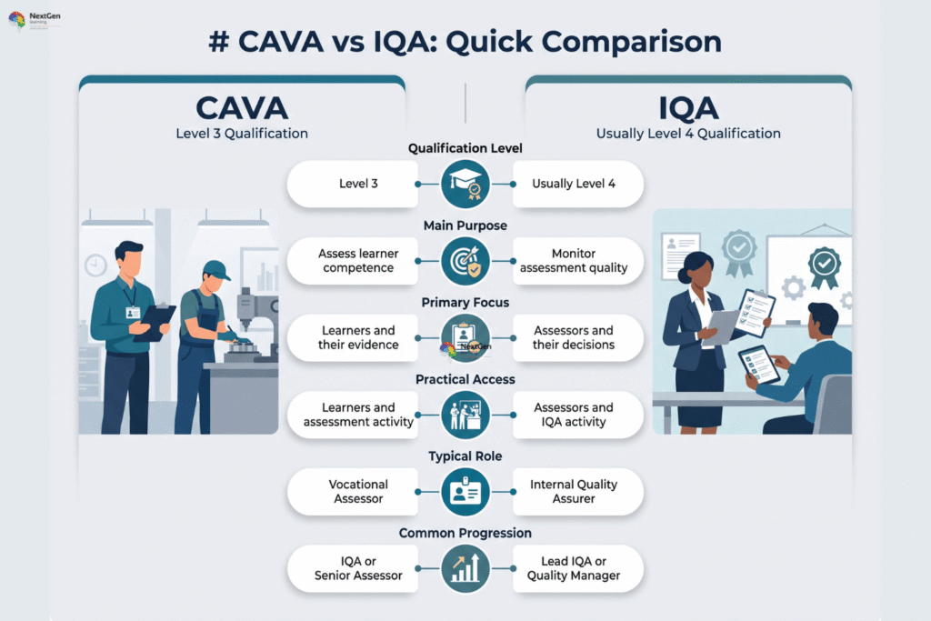 Infographic comparing CAVA (Level 3) and IQA (Level 4) qualifications, highlighting differences in purpose, focus, practical access, typical roles, and career progression between vocational assessors and internal quality assurers.