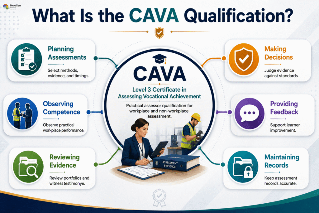 Infographic explaining the CAVA qualification (Level 3 Certificate in Assessing Vocational Achievement), highlighting its role as a practical assessor qualification for workplace and classroom assessment, with six core components: planning assessments, observing competence, reviewing evidence, making decisions, providing feedback, and maintaining records.