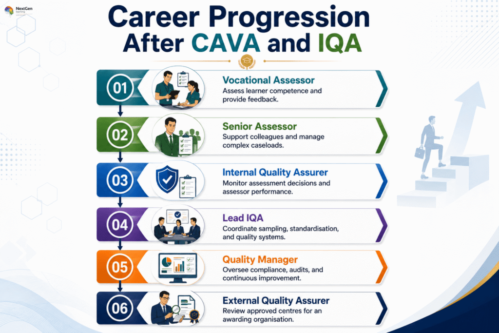 Infographic outlining career progression after CAVA and IQA qualifications, showing six stages: vocational assessor, senior assessor, internal quality assurer, lead IQA, quality manager, and external quality assurer, highlighting pathways from entry‑level assessment to senior quality assurance roles.