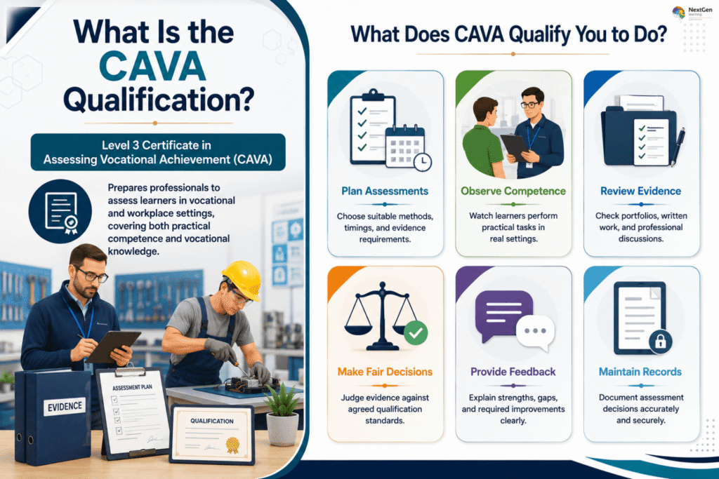 Infographic explaining the CAVA qualification, outlining its purpose as a Level 3 Certificate in Assessing Vocational Achievement and highlighting six key competencies: planning assessments, observing learner competence, reviewing evidence, making fair decisions, providing feedback, and maintaining accurate records for vocational and workplace assessment.
