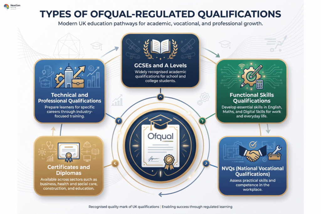 Infographic showing types of Ofqual‑regulated qualifications, highlighting GCSEs and A Levels, functional skills, NVQs, certificates and diplomas, and technical/professional qualifications for education and career growth.