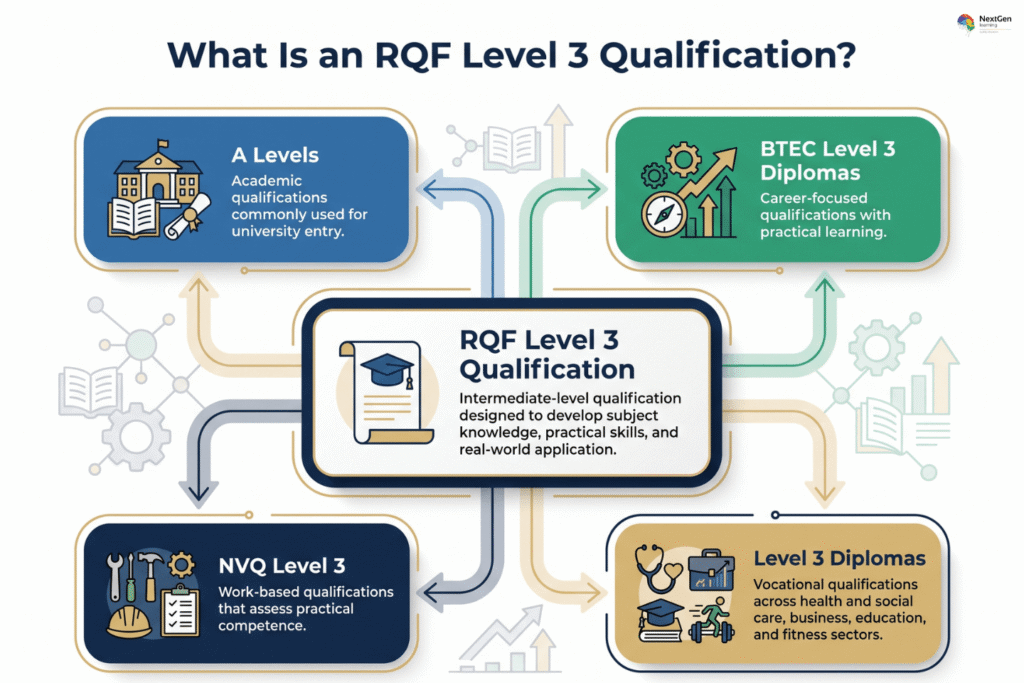 Infographic showing RQF Level 3 qualifications, highlighting A Levels, BTEC Level 3 Diplomas, NVQ Level 3, and vocational diplomas across health, business, education, and fitness as pathways for academic, practical, and career development.