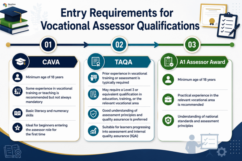 Infographic showing entry requirements for vocational assessor qualifications, highlighting CAVA minimum age and literacy skills, TAQA prior experience and Level 3 education, and A1 assessor award standards with practical vocational experience and compliance knowledge.