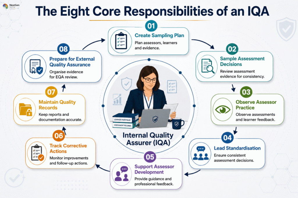 Infographic outlining the eight core responsibilities of an Internal Quality Assurer (IQA), including creating sampling plans, reviewing assessment decisions, observing assessor practice, leading standardisation, supporting assessor development, tracking corrective actions, maintaining quality records, and preparing for external quality assurance reviews.