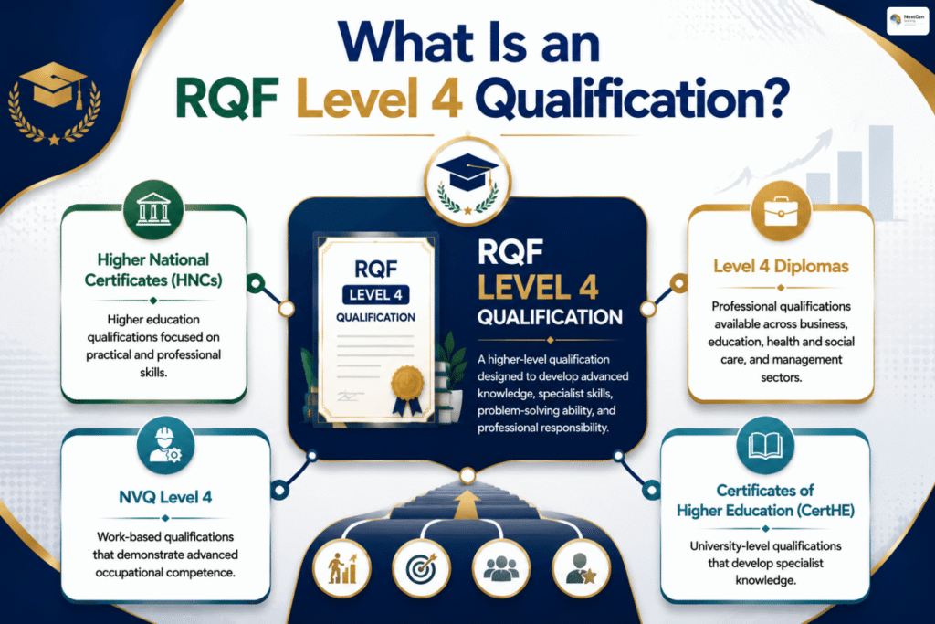 Infographic showing RQF Level 4 qualifications, highlighting Higher National Certificates (HNCs), Level 4 Diplomas, NVQ Level 4, and Certificates of Higher Education (CertHE) as pathways to advanced knowledge, specialist skills, career growth, and professional recognition.