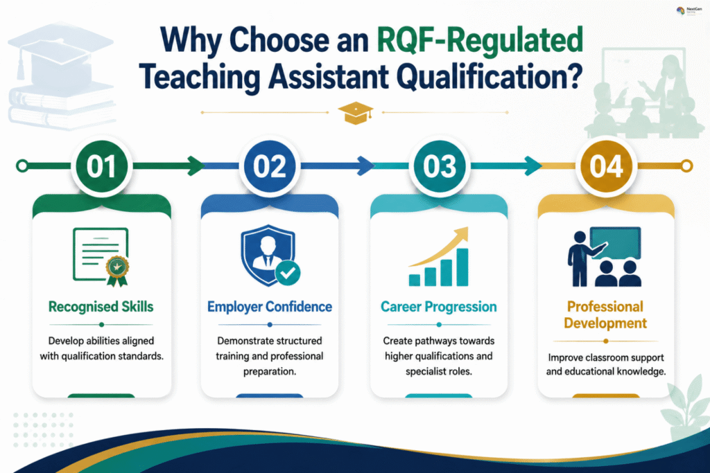Infographic showing benefits of RQF‑regulated teaching assistant qualifications, highlighting recognised skills, employer confidence, career progression, and professional development for classroom support and educational growth.