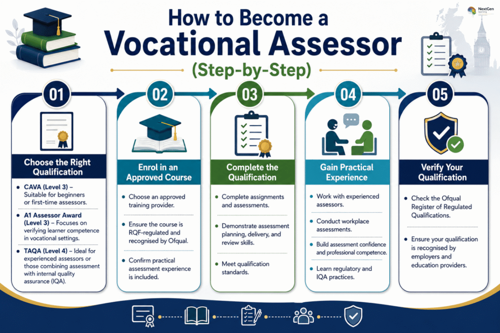 Infographic showing step‑by‑step process to become a vocational assessor, highlighting choosing the right qualification (CAVA, A1, TAQA), enrolling in an approved course, completing assignments, gaining practical experience, and verifying qualifications with Ofqual recognition.