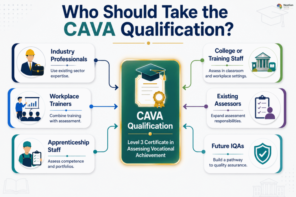 Infographic explaining who should take the CAVA qualification (Level 3 Certificate in Assessing Vocational Achievement), highlighting six groups: industry professionals, workplace trainers, apprenticeship staff, college or training staff, existing assessors, and future IQAs seeking a pathway into quality assurance.